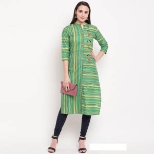 Be It Your College, Home Or Work Place, This Kurti Is Suitable For All. This Pretty Lining Printed Readymade Kurti In Green Is Fabricated On Cotton Beautified With Hand Work. It Is Light Weight And Easy To Carry All Day Long. 