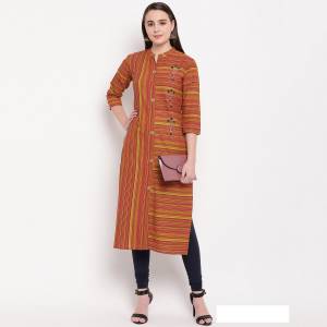 Be It Your College, Home Or Work Place, This Kurti Is Suitable For All. This Pretty Lining Printed Readymade Kurti In Rust Orange Is Fabricated On Cotton Beautified With Hand Work. It Is Light Weight And Easy To Carry All Day Long. 