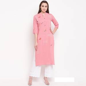 Enhance Your Personality Wearing This Designer Readymade Straight Kurti In Baby Pink Color Fabricated On Rayon. It Has Very Pretty Elegant Resham Work. 