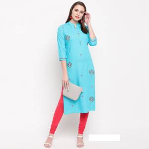 Add This Pretty And Elegant Looking Readymade Straight Kurti In Sky Blue Color Fabricated On Rayon. It Is Beautified With Resham Work. It Is Light Weight And Easy To Carry All Day Long.