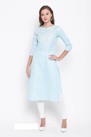 Grab This Beautiful Kurti In Sky Blue Color Fabricated On Cotton. This Readymade Straight Kurti IS Light Weight And Can Be Paired With Same Or Contrasting Colored Bottom. 