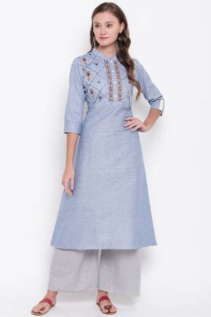 Grab This Beautiful Kurti In Steel Blue Color Fabricated On Cotton. This Readymade Straight Kurti IS Light Weight And Can Be Paired With Same Or Contrasting Colored Bottom. 