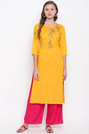 Add Some Casuals With This Pretty Kurti In Musturd Yellow Color Fabricated On Rayon. This Readymade Kurti Is Soft Towards Skin And Easy To Carry all Day Long. Buy Now.