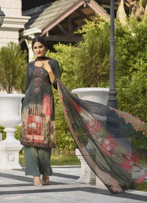 For Your Semi-Casuals, Grab This Pretty Straight Suit In Grey Color. Its Top And Bottom Are Fabricated On Crepe Paired With Georgette Fabricated Dupatta. Buy This Dress Material Now