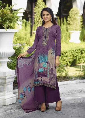 Simple And Elegant Looking Printed Dress Material Is Here In Purple Color. This Suit Is Crepe Based Paired With Georgette Fabricated Dupatta. It Is Beautified With Digital Prints And Embroidery. 