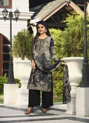 Grab This Pretty Digital Printed Dress Material In Black And Grey Color. Its Top And Bottom Are Fabricated On Crepe Paired With Georgette Fabricated Dupatta. Get This Stitched As Per Your Desired Fit And Comfort