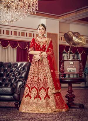 Get Ready For Your D-Day With This Heavy Designer Lehenga Choli In Red Color. This Heavy Embroidered Lehenga Choli Is Fabricated On Velvet Paired With Net Fabricated Dupatta. It Is Beautified With Heavy Jari Embroidery And Stone Work. Buy This Bridal Lehenga Now
