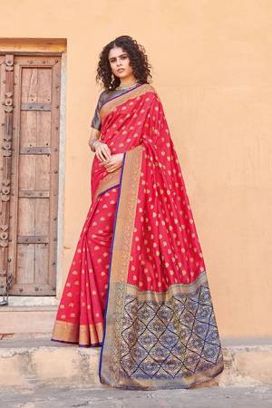 Classy Saree look pretty like never before.Wearing this Dark Pink Color Saree which made from Handloom Silk With Blue & Golden Color Handloom Silk blouse, Saree has also decorative work like Heavy Jacquard Work With Pallu.This beautiful Saree features a classy Jacquard Work all over,which makes it a smart pick for all occasions. You can wear this Saree in different styles.