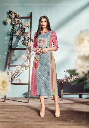 For Your Semi-Casuals, Grab This Straight Kurti In Blue And Pink Color Fabricated On Cotton Flex. This Readymade Kurti Is Beautified With Digital Prints And Available In All Regular Sizes. 
