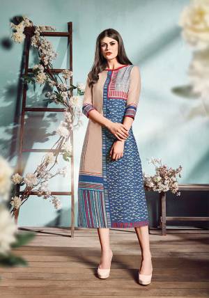 For Your Semi-Casuals, Grab This Straight Kurti In Blue And Beige Color Fabricated On Cotton Flex. This Readymade Kurti Is Beautified With Digital Prints And Available In All Regular Sizes. 