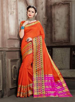 For A Royal Look, Grab This Designer Silk based Saree In Orange Color. This Saree And Blouse Are Fabricated On Handloom Silk Beautified With Weaved Lace Border. Buy This Pretty Elegant Saree Now.