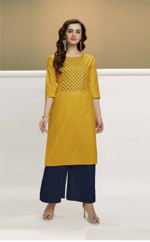 Grab This Beautiful Designer Pair Of Kurti With Plazzo. This Pretty Kurti Is In Yellow Color Paired With Navy Blue Colored Bottom. This Pretty Pair Is Cotton Based Which Is Durable, Light Weight And Easy To Carry All Day Long. 