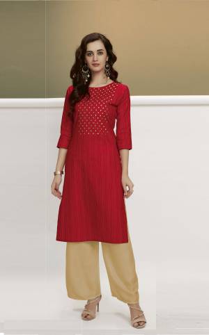 Grab This Beautiful Designer Pair Of Kurti With Plazzo. This Pretty Kurti Is In Red Color Paired With Cream Colored Bottom. This Pretty Pair Is Cotton Based Which Is Durable, Light Weight And Easy To Carry All Day Long. 