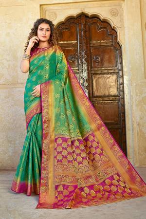 Classy Saree look pretty like never before.Wearing this Green Color Saree which made from Silk With Magenta Pink Color Silk blouse, Saree has also decorative work like Heavy Jacquard Work With Pallu.This beautiful Saree features a classy Jacquard Work all over,which makes it a smart pick for all occasions.