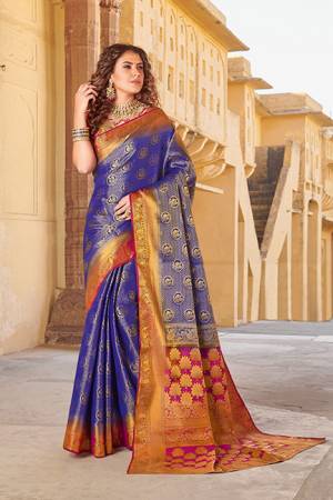 Classy Saree look pretty like never before.Wearing this Royal Blue Color Saree which made from Silk With Magenta Pink Color Silk blouse, Saree has also decorative work like Heavy Jacquard Work With Pallu.This beautiful Saree features a classy Jacquard Work all over,which makes it a smart pick for all occasions.