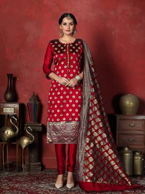 For A Royal Look, Grab This Designer Silk based Dress Material In Maroon Color. Its Top Is Fabricated on Banarasi Silk Paired With Santoon Bottom And Jacquard Silk Fabricated Dupatta. It Is Beautified With Attractive Weave. 