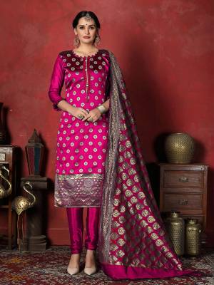 Add This Beautiful Silk Based Suit In Magenta Pink Color For The Upcoming Festive Season. This Pretty Dress Material Is Silk Based Paired With Santoon Bottom And Jacquard Silk Dupatta. 