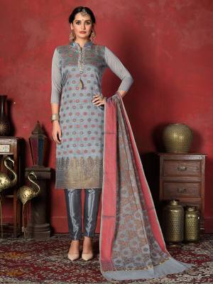 Shine Bright In This Attractive Looking Straight Suit In Grey Color. This Dress Material Is Banarasi Silk Based Paired With Santoon Bottom And Jacquard Silk Fabricated Dupatta. Buy Now.