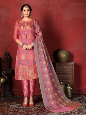 If Those Readymade Suit Does Not Lend You The Desired Comfort Than Grab This Designer Dress Material In Pink Color And Get This Stitched As Per Your Desired Fit And Comfort. It Top Is Fabricated on Banarasi Silk Paired With Santoon Bottom And Jacquard Silk Dupatta. 
