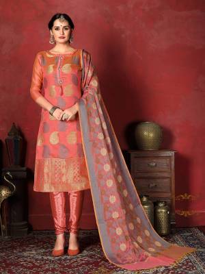Add This Beautiful Silk Based Suit In Dark Peach Color For The Upcoming Festive Season. This Pretty Dress Material Is Silk Based Paired With Santoon Bottom And Jacquard Silk Dupatta. 