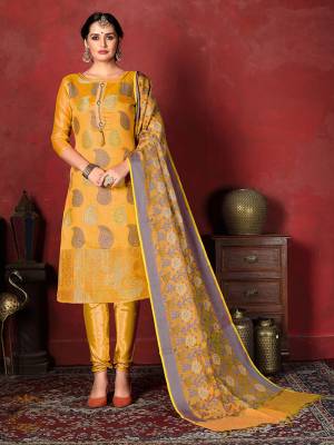 For A Royal Look, Grab This Designer Silk based Dress Material In Musturd Yellow Color. Its Top Is Fabricated on Banarasi Silk Paired With Santoon Bottom And Jacquard Silk Fabricated Dupatta. It Is Beautified With Attractive Weave. 