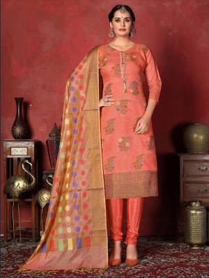 Look Pretty This In This Designer Straight Suit In Dark Peach Color. This Beautiful Dress Material Is Fabricated On Banarasi Silk Paired With Santoon Bottom And Jacquard Silk Fabricated Dupatta. Buy Now.