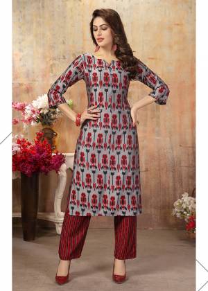 Rich And Elegant Looking Readymade Kurti Is Here In Grey Color Paired With Maroon Colored Pants. This Pair Is Cotton Silk Based Beautified With Prints. It Is Light Weight And Easy To Carry All Day Long. 