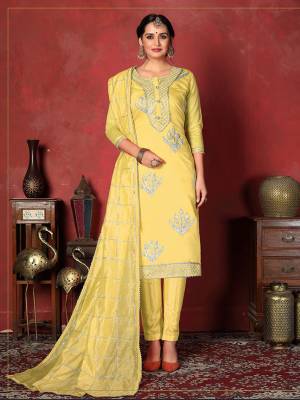 Shine Bright Wearing This Pretty Attractive Looking Straight Suit In Yellow Color. Its Top Is Fabricated On Modal Cotton Paired With Santoon Bottom And Art Silk Fabricated Dupatta. It Is Beautified With Pretty Gota Patti Work. Buy Now.