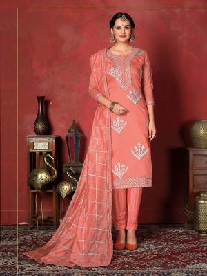 Shine Bright Wearing This Pretty Attractive Looking Straight Suit In Dark Peach Color. Its Top Is Fabricated On Modal Cotton Paired With Santoon Bottom And Art Silk Fabricated Dupatta. It Is Beautified With Pretty Gota Patti Work. Buy Now.