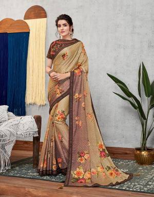 Celebrating the freshness of floral prints and elegance of earthy hues , this subtle yet outstanding sequinned saree will raise the spirit of festivity . 