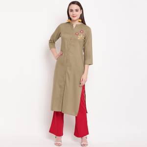 Add This Pretty Simple and Elegant Looking Readymade Straight Cut Kurti In Beige Color Fabricated On Rayon. It Is Beautified With A Pretty Hand Work Butta. Pair This Up With Same Or Contrasting Colored Bottom. 