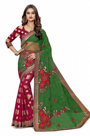 Here Is An Attractive Looking Designer Saree In Green And Magenta Pink Color. This Saree Is Fabricated On Jacquard Silk And Net Paired With Jacquard Silk Fabricated Blouse. Buy This Saree Now.