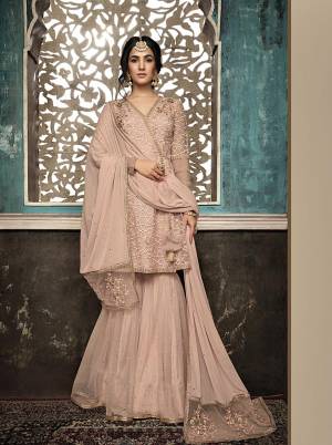 Most Favourite Color Of The Trend In Here With this Heavy Designer Sharara Suit In Blush Pink Color. Its Beautiful Top And Bottom Are Net Based Paired With Chiffon And Net Fabricated Dupatta. Its Pretty Color And Attractive Embroidery Will Give You A Look Like Never Before. 