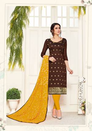 Enhance Your Personality Wearing This Designer Straight Suit In Brown Colored Top Paired With Contrasting Yellow Colored Bottom And Dupatta. This Dress Material Is Silk Based Paired With Cotton Bottom And Chiffon Dupatta. Buy Now.