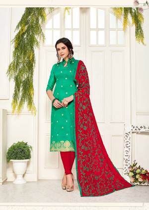 Enhance Your Personality Wearing This Designer Straight Suit In Sea Green Colored Top Paired With Contrasting Red Colored Bottom And Dupatta. This Dress Material Is Silk Based Paired With Cotton Bottom And Chiffon Dupatta. Buy Now.