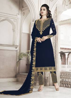 Here Is A Beautiful Heavy Designer Suit In All Over Navy Blue Color. Its Heavy Embroidered Top And Dupatta Are Georgette Based Paired With Soft Silk Bottom. Its Fabrics Are Light Weight And Easy To Carry All Day Long. 