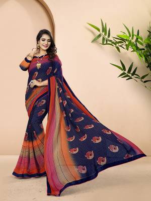 Add Some Casuals With This Pretty Saree In Blue And Multi Color. This Saree And Blouse Are Fabricated On Georgette Beautified With Prints All Over. 