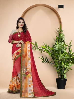 Shine Bright In This Lovely Red And Multi Colored Saree. This Saree And Blouse Are Fabricated on Georgette With Broad Border Prints. 