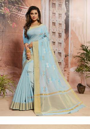 Celebrate This Festive Season With Beauty And Comfort Wearing This Saree In Sky Blue Color. This Saree And Blouse Are Cotton Based Beautified With Thread Work. It Is Light In Weight And Easy To Carry All Day Long. 