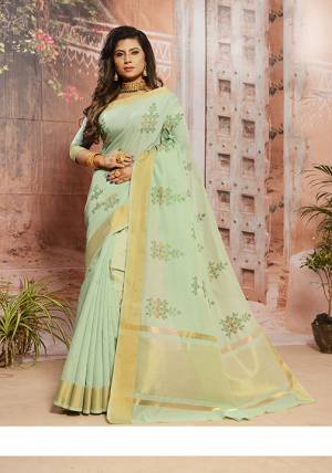 Flaunt Your Rich And Elegant Taste Wearing This Pretty Simple Saree In Pastel Green Color. This Saree Pretty Saree Is Cotton Based Beautified With Thread Work. It Is Light In Weight And Easy To Carry All Day Long. Buy Now.. 