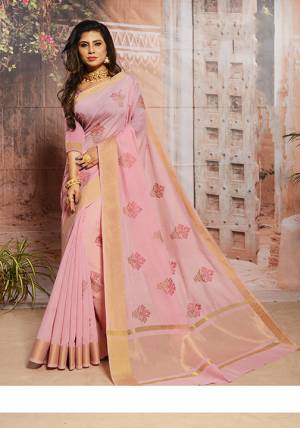Look Pretty In This Lovely Pink Colored Designer Saree. This Saree And Blouse Are Cotton Based Beautified With Elegant Thread Work. Buy This Saree Now. 