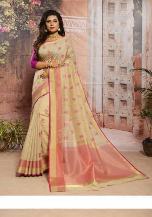 Pretty Elegant Looking Saree Is Here In Cream And Rani Pink Color. This Saree Is Fabricated On Cotton Beautified With Thread Work. Its Fabric Is Soft Towards Skin, Durable And Easy To Carry All Day Long. 