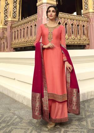 Look Attractive In This Straight Cut Designer Semi-Stitched Suit In Dark Peach Color Paired With Dark Pink Colored Dupatta. Its Top Is Fabricated On Satin Georgette Paired With Santoon Bottom And Chinon Fabricated Dupatta. Buy This Pretty Suit Now.