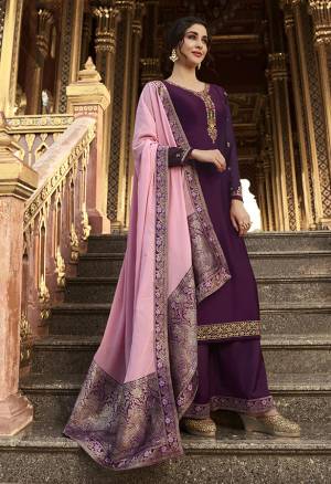 Flaunt Your Rich And Elegant Taste Wearing This Designer Straight Suit In Purple Color Paired With Lilac Colored Dupatta. Its Top Is Satin Georgette Based Paired With Santoon Bottom And Chinon Fabricated Dupatta. This Pretty Suit Is Suitable For Festive And Wedding Function Wear. 