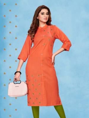 Add Some Casuals Wearing This Straight Cut Readymade Kurti In Orange Color. This Pretty Kurti Is Cotton Based Beautified With Thread Work. Buy Now.