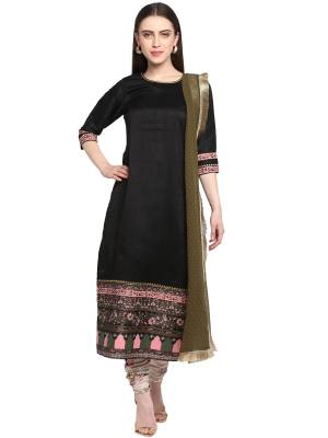 You Will Definitely Earn Lots Of Compliments Wearing This Designer Readymade Straight Suit In Black Colored Top Paired With Contrasting Baby Pink Colored Bottom And Olive Green Dupatta. This Suit Is Polyester Based Paired With Georgette Fabricated Dupatta. 