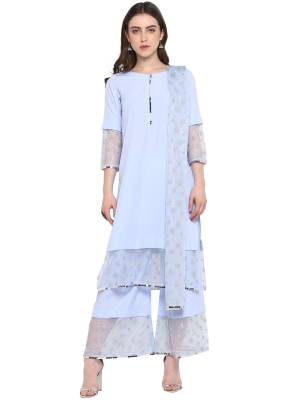 Look Pretty In This Lovely Baby Blue Colored Readymade Designer Straight Suit, Its Top And Bottom Are Crepe Based Paired With Net Fabricated Dupatta. 