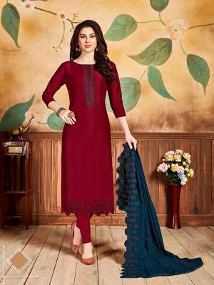 If Those Readymade Suit Does Not Lend You The Desired Comfort Than Grab This Designer Dress Material In Red Color Paired with Blue Dupatta, And Get This Stitched As Per Youe Desired Fit And Comfort. Its Top Is Fabricated On Pandora Silk Paired With Santoon Bottom And Cotton Silk Fabricated Dupatta. Buy This Suit Now.