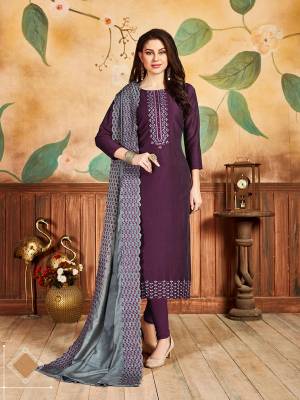 If Those Readymade Suit Does Not Lend You The Desired Comfort Than Grab This Designer Dress Material In Wine Color Paired with Grey Dupatta, And Get This Stitched As Per Youe Desired Fit And Comfort. Its Top Is Fabricated On Pandora Silk Paired With Santoon Bottom And Cotton Silk Fabricated Dupatta. Buy This Suit Now.