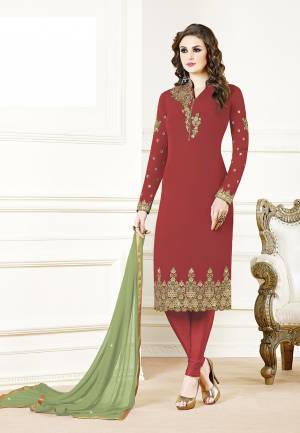 Grab This Beautiful Designer Straight Suit In Red Color Paired With Light Green Colored Dupatta. Its Top Is Fabricated On Georgette Paired With Santoon Bottom And Chiffon Dupatta. Its Fabric Is Light In Weight And Easy To Carry All Day Long. 